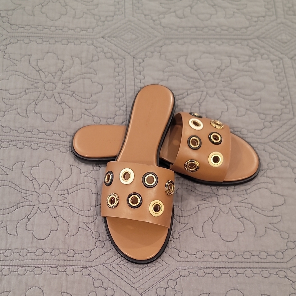 Tory Burch Tan Slide Sandals with Gold Eyelet Accents